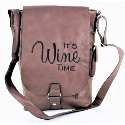 9002B - DARK BROWN LEATHER (PU) WINE BAG WITH (IT'S WINE TIME) MONOGRAMMED